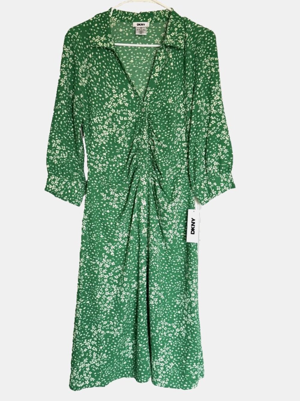 DKNY Women's Floral Print Ruched Front 3/4 Sleeve Green Midi Dress Size 4